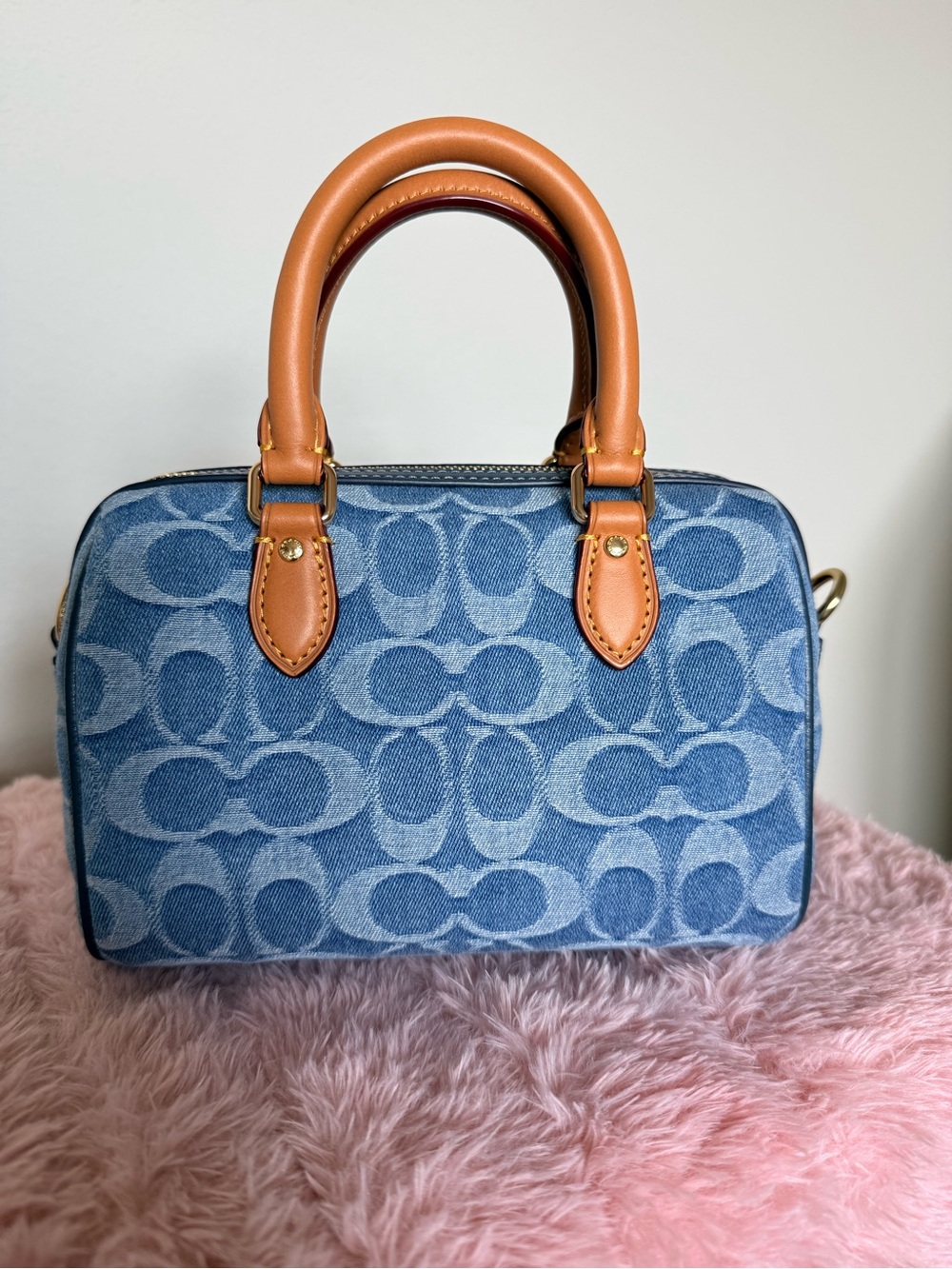 Coach Mini Denim Rowan Signature Satchel in Light Blue and Tan - Picture 4 of 9